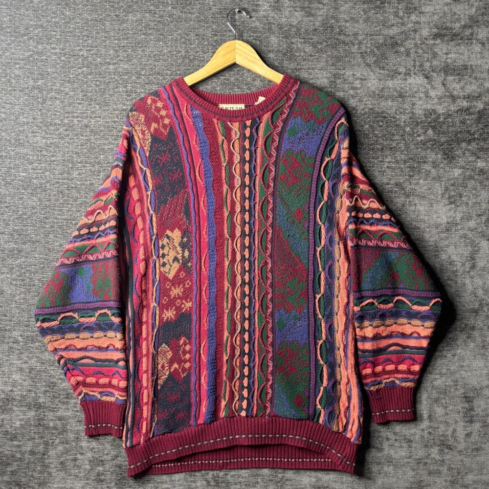 Vintage Cotton Traders 3D Textured Knit Sweater XL Multi Color Coogi Style